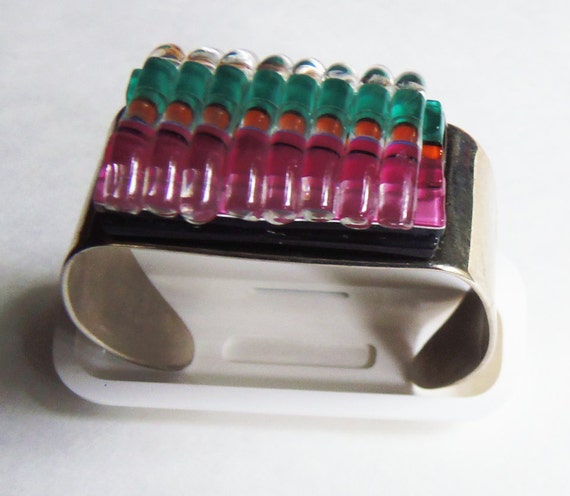 Vintage 1970s Steel Art Glass Cuff Bracelet: Rain… - image 2