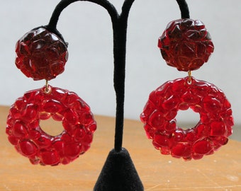 Vintage 1980 Large  French Lucite Red Hoop Earrings