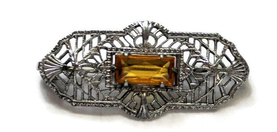 Edwardian Silver Filagree Brooch/Pin With Citrine… - image 3