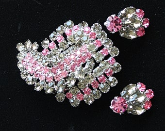 Sophisticated Pink And Gray Rhinestone Brooch/Pin and Matching Earrings Vintage 1950's