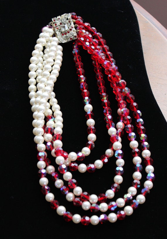 Dramatic 1950 White Pearl and Red Crystal Bead Mul