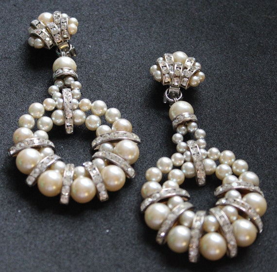 Magnificent Pearl And Rhinestone Drop Earrings Vi… - image 2