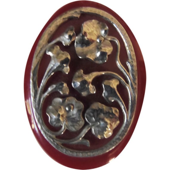 Bakelite Dress Clip  with Silver Floral Overlay V… - image 1