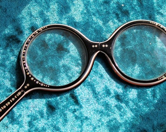 Vintage 1950's Rhinestone Folding Reader Glasses  Circular Shaped Lucite Lorgnette Opera Reading Glasses