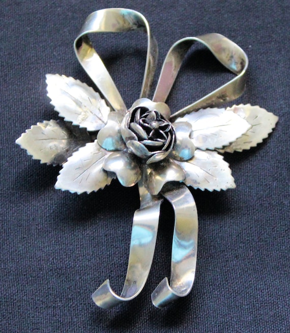 Ribbon Bow And Flower Hobe Signed Sterling Brooch