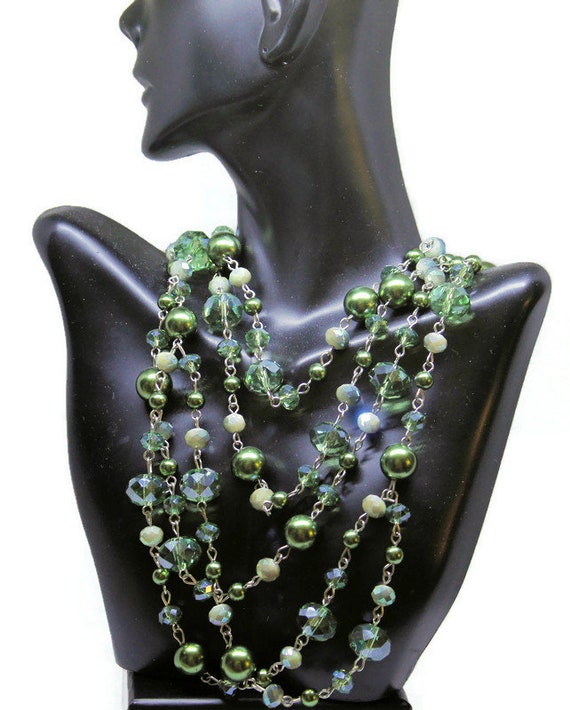 Multi Strand Green Faux Pearl And Glass Crystal N… - image 2
