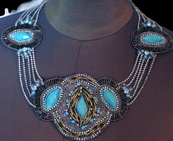 Vintage Artisan Created Gold Bead And Turquoise Bib Necklace