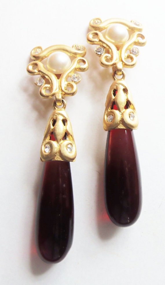 Craft Red Drop Statement Earrings Vintage 1980 Di… - image 2