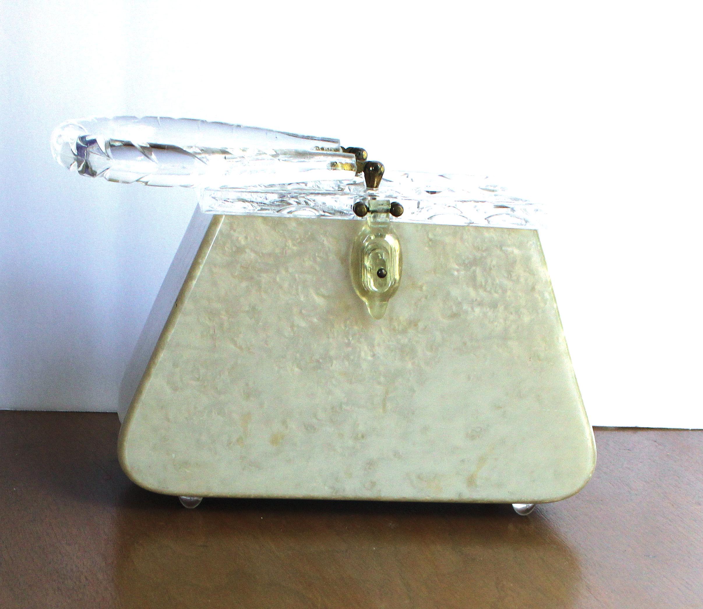 Vintage 1950 Pearlized White Lucite Box Bag With Ornate Lid Design