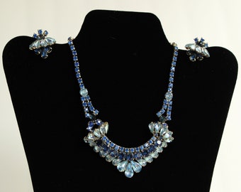 Magnificent Vintage Montana & Light Blue Rhinestone Necklace And Earrings