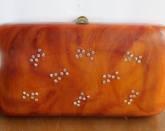 Bolso ILENE de Lucite de los años 50, bolso tipo caja de carey con mariposas de diamantes de imitación, bolso de mano estilo glamour de Hollywood de mediados de siglo.