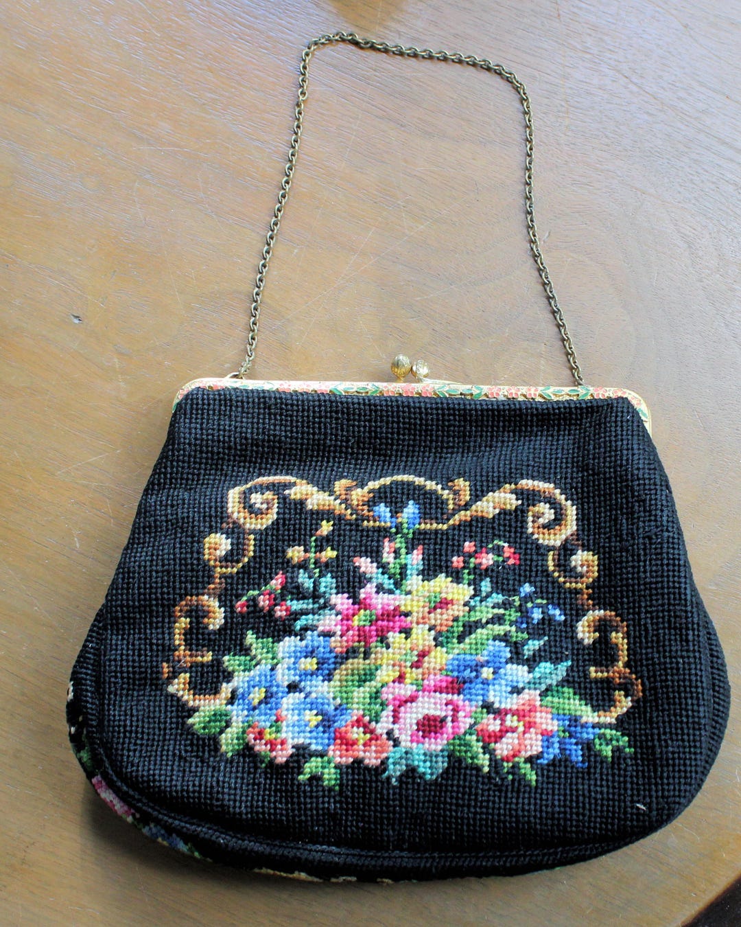 Vintage CHRISTINE Black Needlepoint Floral Handbag - Etsy