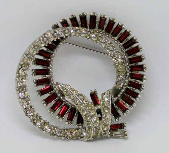 Vintage Ledo Rhinestone Brooch: Ruby Red & Clear … - image 3