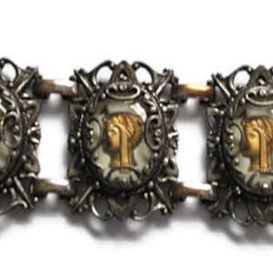 Vintage 1950's Egyptian Themed Multi Link Bracelet with Reverse Carved Painted Stones Of Cleopatra Queen Of Egypt Victorian Revival Jewelry