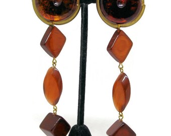 Boucles D'oreilles Anciennes Plaqué Or Fleur Champagne Bakélite Art Déco - Occasion, Style Pendantes