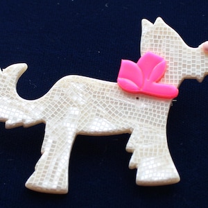 Vintage LEA STEIN Ploukie the Dog Brooch/Pin - Paris, Cream with Pink Bow