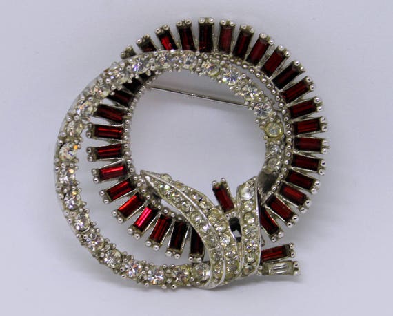 Vintage Ledo Rhinestone Brooch: Ruby Red & Clear … - image 2