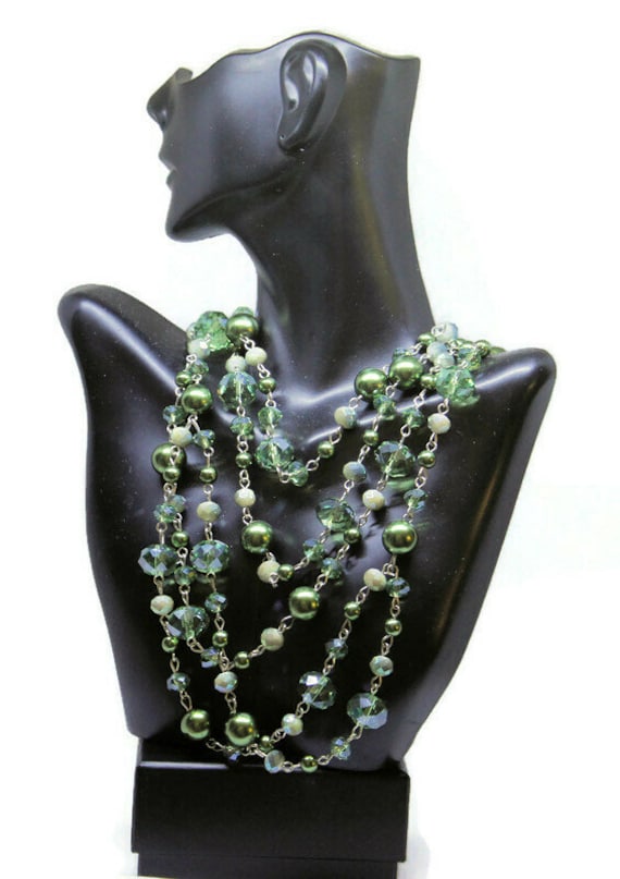 Multi Strand Green Faux Pearl And Glass Crystal N… - image 1