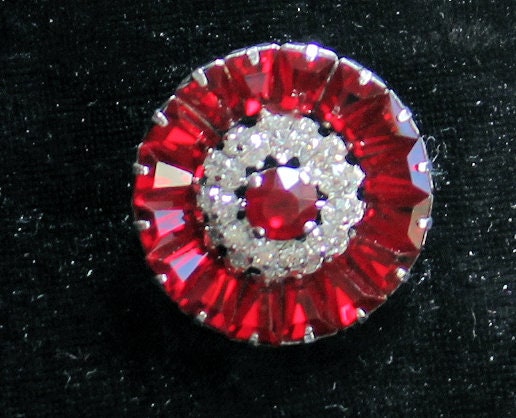 1950s Red Rhinestone Brooch, 50s Red Rhinestones Pin, 1950s