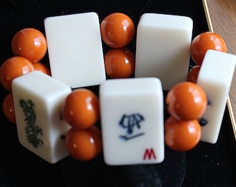 White Catalin MahJong Tile Bracelet with Orange Bakelite Spacers