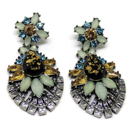 Vintage Gemstone Drop Earrings Statement Jewelry … - image 1