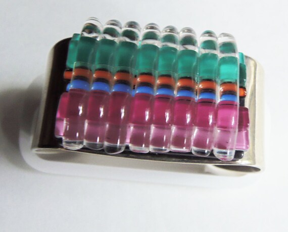 Vintage 1970s Steel Art Glass Cuff Bracelet: Rain… - image 3