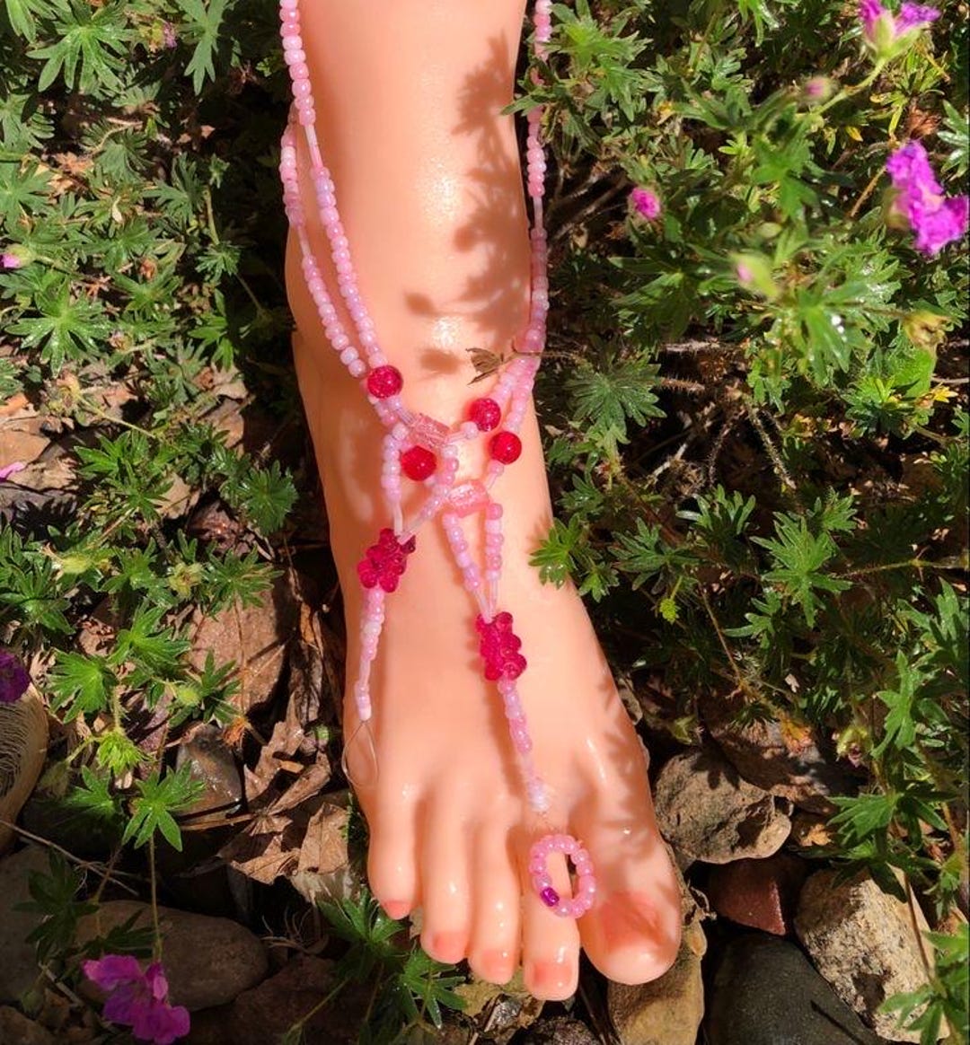 Pink Barefoot Ankelets Anklet Toe Rings Beaded Anklet Bracelet Barefoot ...