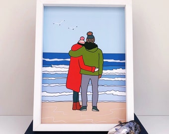 Couple print - Beach house decor - Beach art - Coastal print - Anniversary gift - Love - hug - Valentines - Cornwall