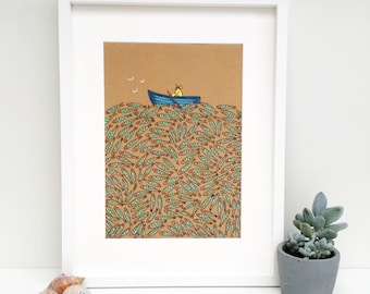 Limited edition Giclee print - Fisherman on mackerel ocean - Interior decor - Home Fishing Art - Fish - Hand Illustrated - Made in Cornwall