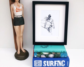 Surfer Girl - Biro sketch - Print - Surfer gift - Surf art - Surfing - Surf girl - designed in Cornwall