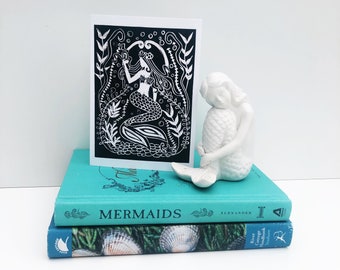 Mermaid card - Lino print Mermaid - Birthday - Surfer girl - Greetings card - Cornwall - Vintage Mermaid - Art Deco - Under the sea