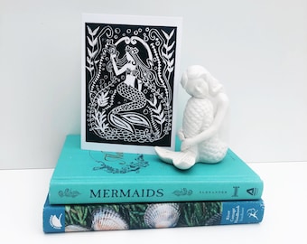 Mermaid card - Lino print Mermaid - Birthday - Surfer girl - Greetings card - Cornwall - Vintage Mermaid - Art Deco - Under the sea