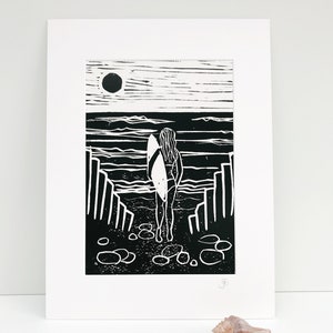 Monochrome Surfgirl - Surf Art - Lino art print  - Surfer gift - Interior decor
