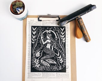 Mermaid - Original Lino Print - Art Nouveau - Limited Edition - Monochrome - Vintage Dictionary - Made in Cornwall