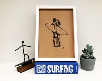 Surfer kiss  - A4 Print - Designed in Cornwall - At the beach - Couple - Anniversary - Beach house decor
