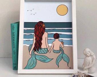 Mermaid Mama Collection - Mother and baby - New baby - Mothers Day - Mermaid Mummy - Mermaid baby - Cornwall - A4 print