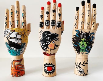 SOLD OUT *** Hand Painted - Tattoo inspired - Wooden articulated hand - tattoo gift - Created in Cornwall