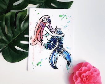 Syren the Mermaid - Mermaid gift - Pink Hair - Mermaid tail - Iconic Art - Mini Print -  Designed in Cornwall