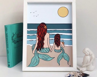 Mermaid Mama Collection - Mother and baby - New baby - Mothers Day - Mermaid Mummy - Mermaid baby - Cornwall - A4 print