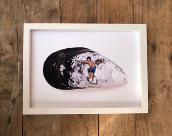 Surfer in Mussel shell - Surfer gift - Surfing - Beach house decor - Cornwall - A4 print