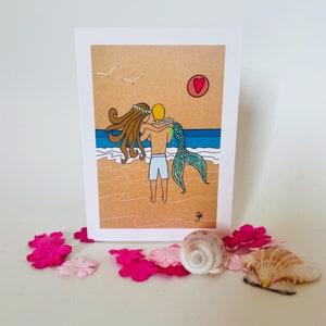 Meerjungfrau Hochzeitskarte - Strandhochzeit - Hochzeit im Ausland - Surfer und Meerjungfrau - Made in Cornwall - Jahrestag - Liebeskarte - Paarkarte