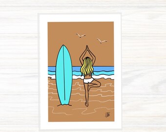 Surf girl - Yoga - Tree pose- Surfing - Surf art- Namaste - Well-being - greetings card