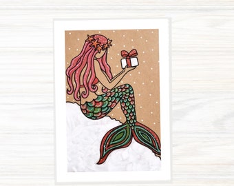 Festive Mermaid -  Christmas card - Festive card - Mermaid gift - Surfer gift