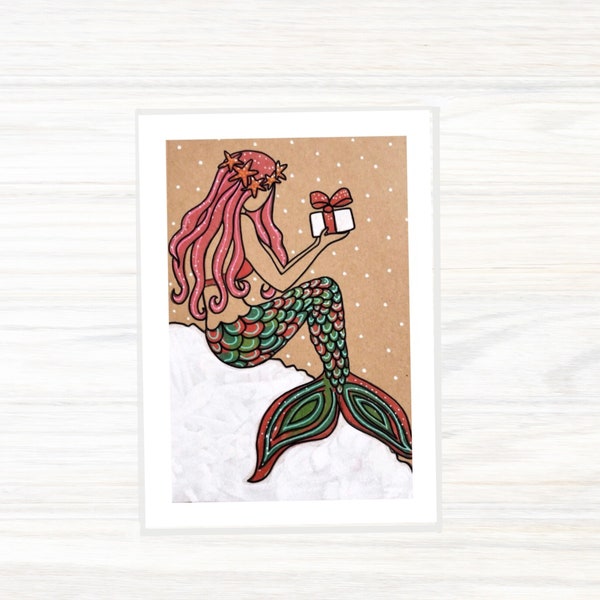 Festive Mermaid -  Christmas card - Festive card - Mermaid gift - Surfer gift