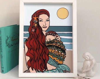 Mermaid Mama Collection - Mother and baby - New baby - Mothers Day - Mermaid Mummy - Mermaid baby - Cornwall - A4 print