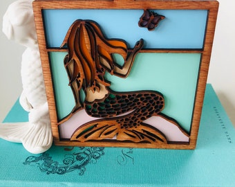 Mini wooden wall art - Mermaid - Surf girl - Made in Cornwall - Mermaid swimmer gift - mythical - magical