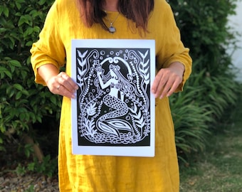 Mermaid  - A3 Print - Art Nouveau - Limited Edition - Monochrome  - Designed in Cornwall - Vintage Mermaid - Home decor