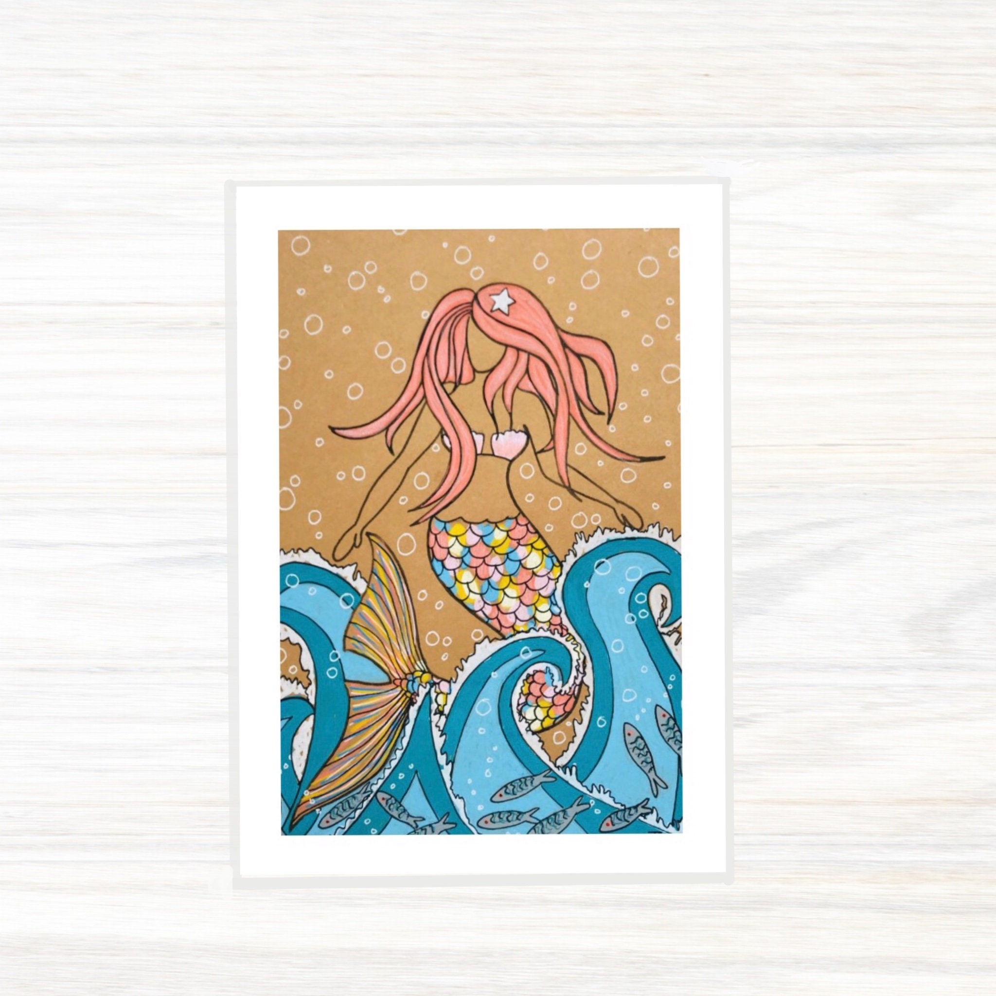 Mermaid - Red hair - Sea - Waves - Surfgirl - Surf - Mermaid gift - Greetings card - Designed in Cornwall