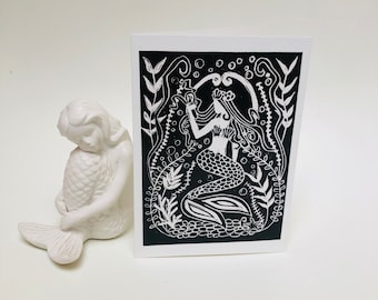 Mermaid card - Lino print Mermaid - Monochrome - Designed in Cornwall - Vintage Mermaid - Art Deco - Art Nouveau - Under the sea