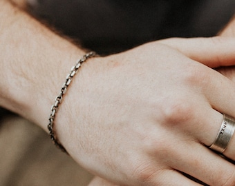 Sterling Silver Bevel Square Chain Bracelet Specialty Link Bracelet Him Mens Rustic Jewelry Modern Man Industrial Steampunk Classic Everyday